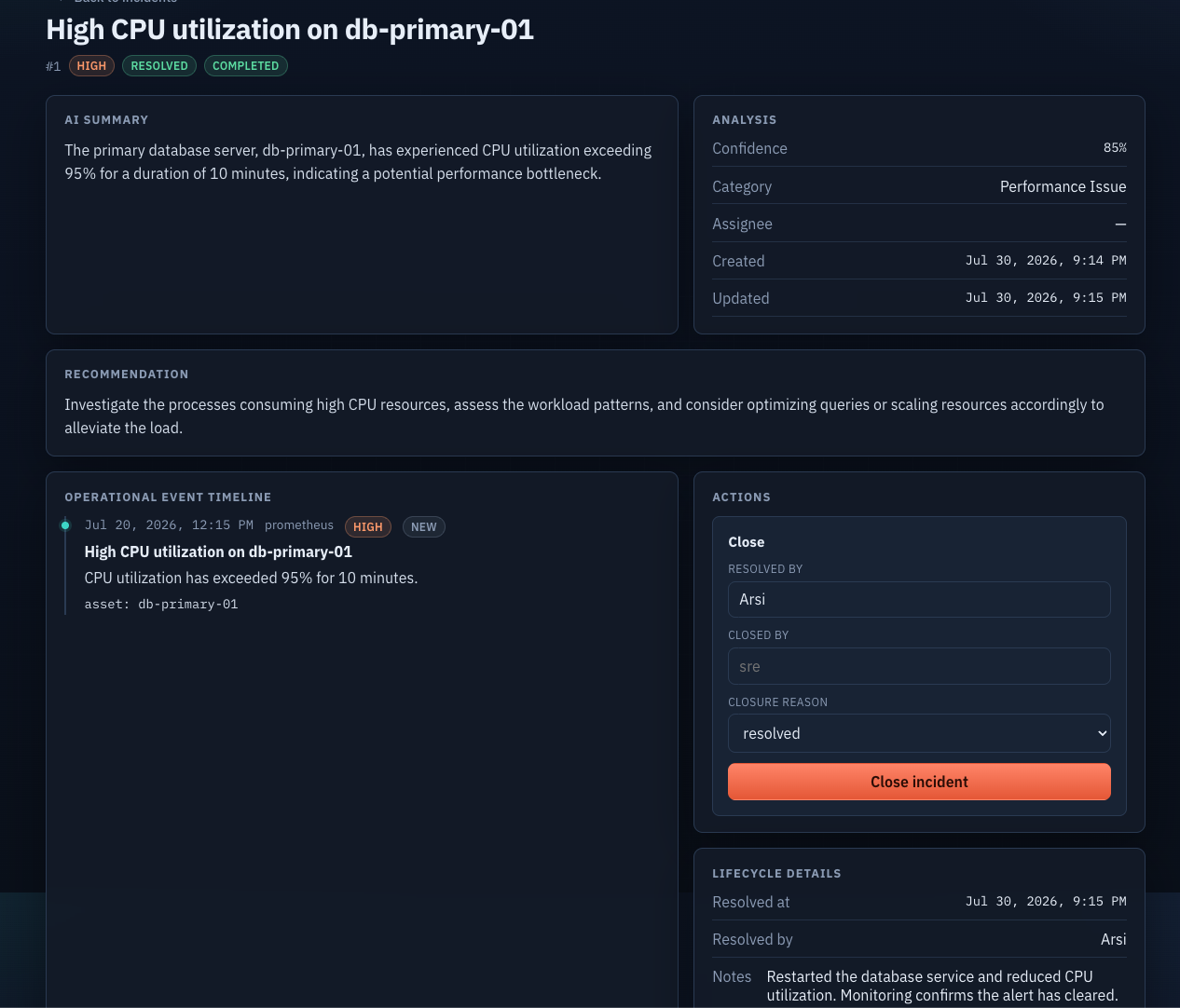 Incident detail with AI summary, recommendation, and event timeline