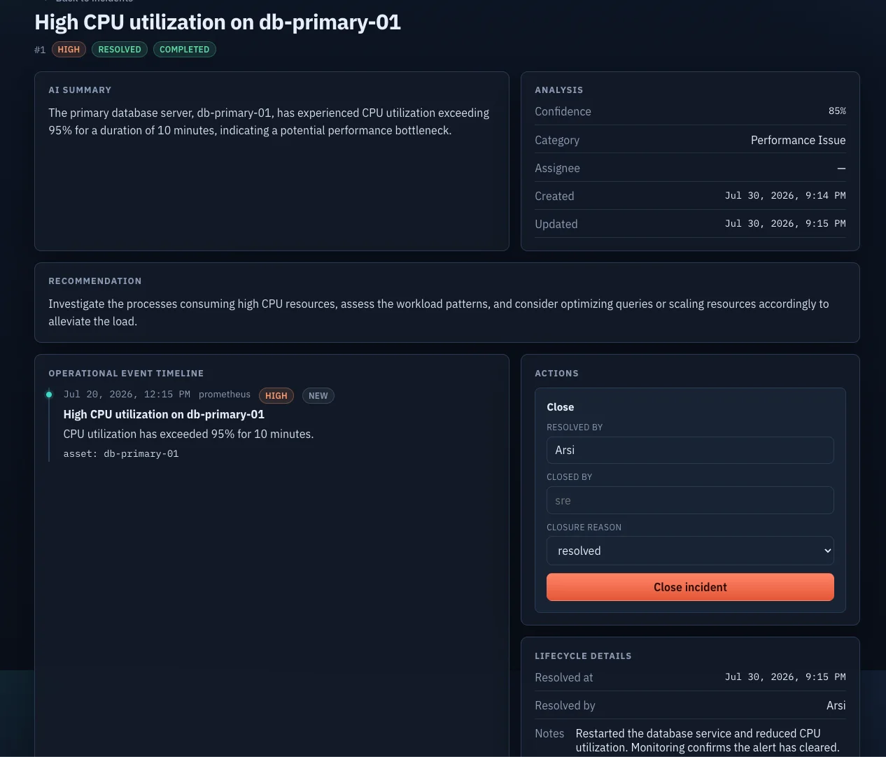 Incident detail — AI summary, recommendation, and operational event timeline