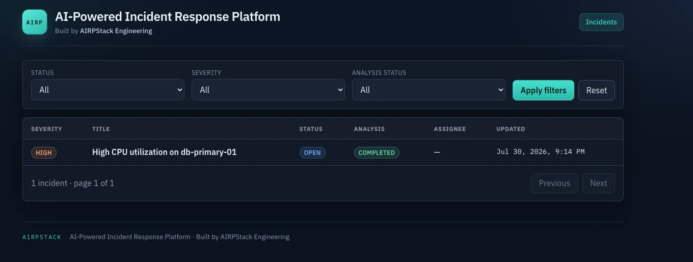 AIRP operator console — filterable incident list with severity badges and triage status